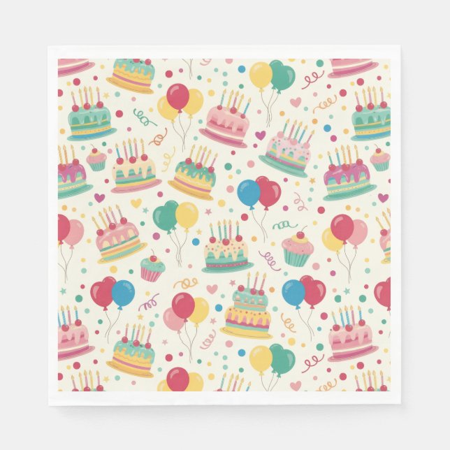 Colorful Birthday Cakes and Balloons Paper Napkins (Front)