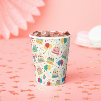 Colorful Birthday Cakes and Balloons Paper Plates Paper Cups