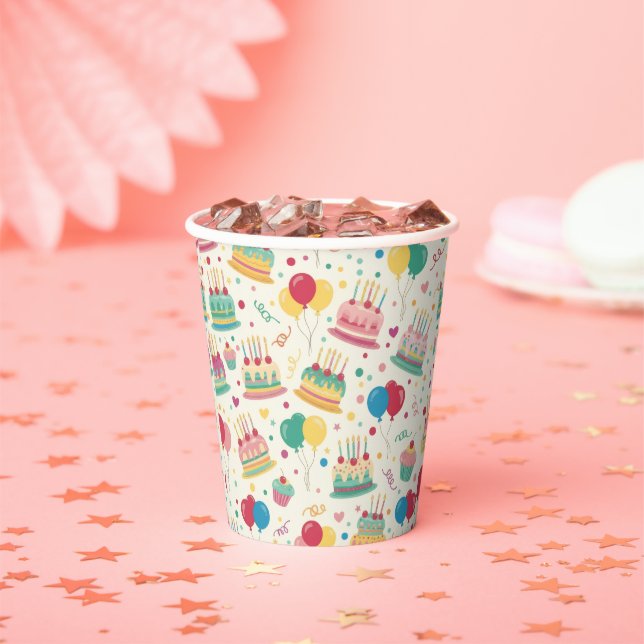 Colorful Birthday Cakes and Balloons Paper Plates Paper Cups (Insitu)