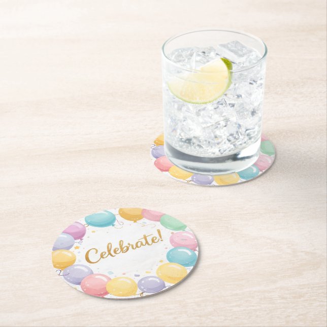 Colorful Birthday Party Drink Coaster, Festive Round Paper Coaster (Insitu)