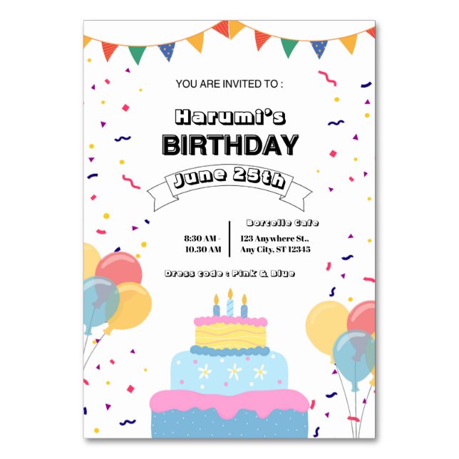 Colorful Birthday Party Invitation Table Number (Front)