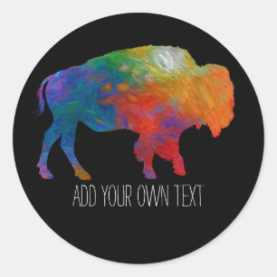 colorful bison art add your own text on black classic round sticker