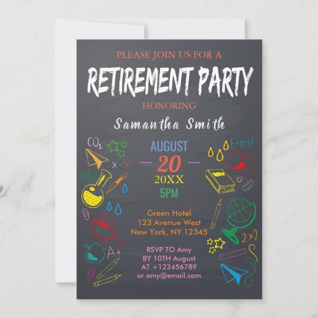 Colorful Blackboard Teachers Retirement Party Invitation (Front)