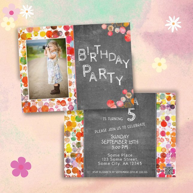 Colorful Blots Chalkboard Kids Photo Birthday Postcard (Creator Uploaded)