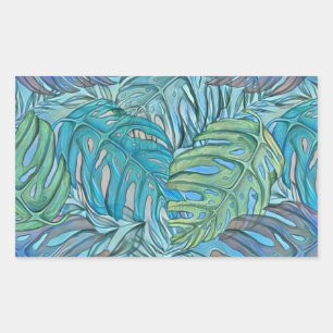 Colorful blue green tropical leaves watercolor rectangular sticker
