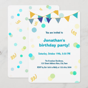 Colorful Blue Green & Yellow Confetti Boy Birthday Invitation