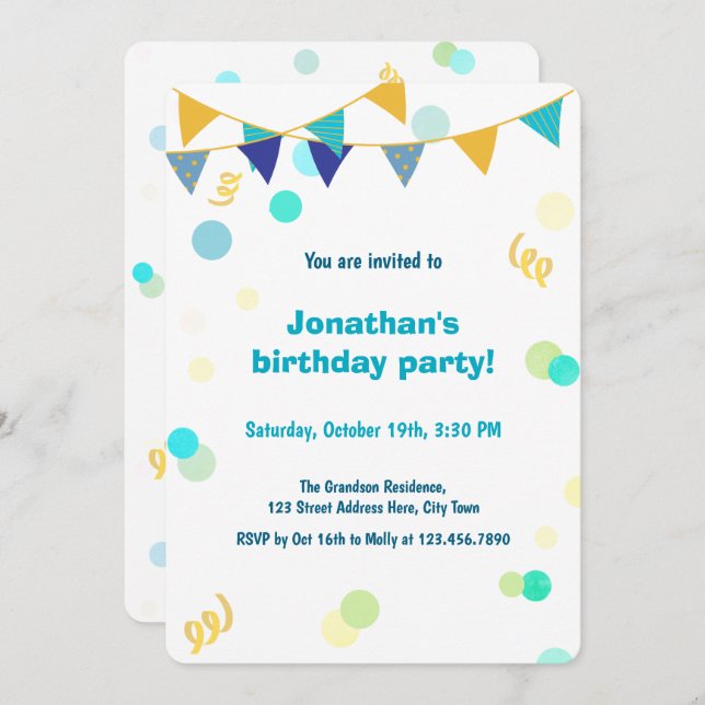Colorful Blue Green & Yellow Confetti Boy Birthday Invitation (Front/Back)