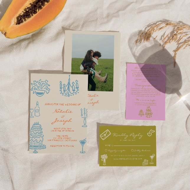 Colorful Blue Orang Hand Drawn Whimsical Wedding Invitation (Creator Uploaded)