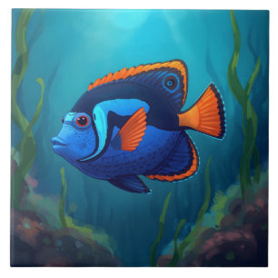 Colorful Blue Orange Tropical Fish and Coral Reef  Tile