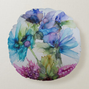 Colorful Blue Purple Pink Green Floral Art  Round Cushion