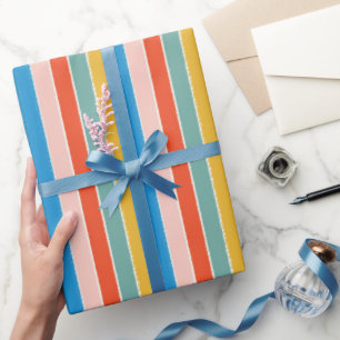 Colorful blue red pink festive stripes wrapping paper