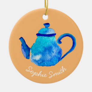 Colorful blue teapot watercolor ceramic tree decoration