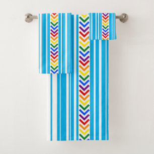 Colorful Blue White Stripe and Rainbow Pattern Bath Towel Set