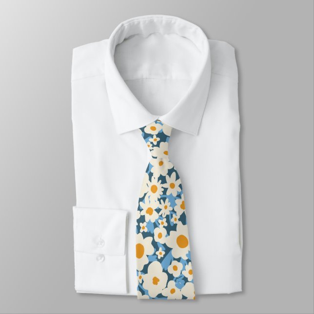 Colorful Boho Blue Yellow White Floral Wedding Tie (Tied)