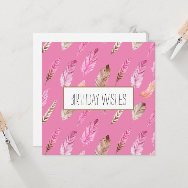 Colorful Boho Feathers Happy Birthday  Card (Front/Back In Situ)