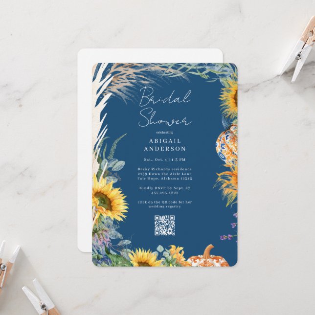 Colorful Boho Teal Pumpkin Fall Bridal Shower  Invitation (Front/Back In Situ)