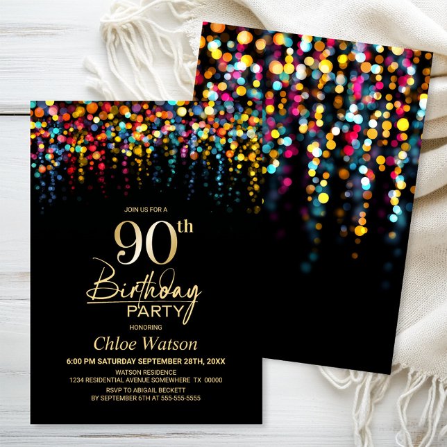Colorful Bokeh Party Lights 90th Birthday Party Invitation (Creator Uploaded)