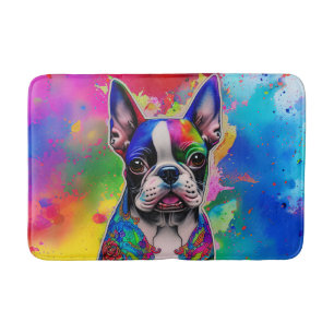 Colorful Boston Terrier Paint Splashes Bath Mat