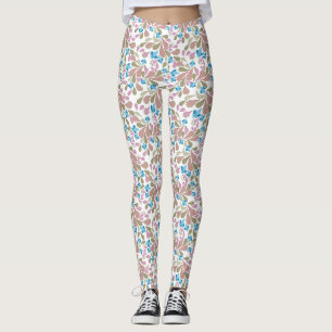 Colorful bouquets of retro flowers on white leggings