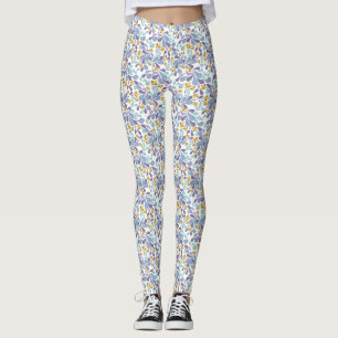 Colorful bouquets of retro flowers on white leggings