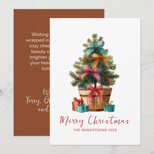 Colorful Bows Christmas Tree Rustic Holiday Card (Front/Back)