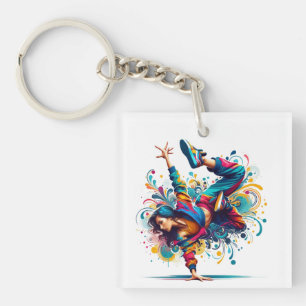 Colorful Breakdance Girl Art Key Ring