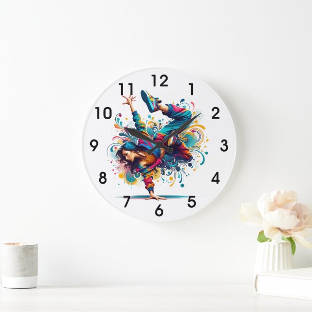 Colorful Breakdance Girl Art Large Clock (Home)
