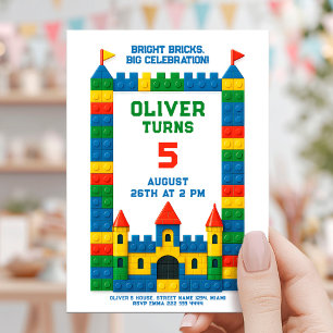 Colorful brick birthday party with playful castle  invitation