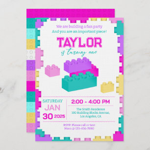 Colorful Bricks Building Blocks Birthday Party Invitation