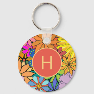 Colorful Bright Flower Power Monogram Key Ring