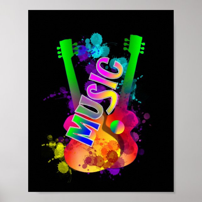 Colorful Bright Popping Guitar Music Paint Splats Poster (Front)