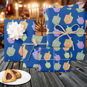 Colorful Bright Twirling Star Dreidels Hannukah Wrapping Paper Sheet