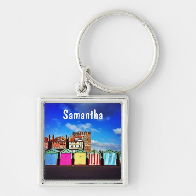 Colorful Brighton and Hove Summer Beach Huts Key Ring (Front)
