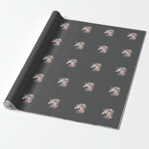 Colorful Brown Background Floral Unicorn Wrapping Paper