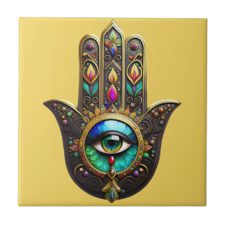 Colorful Brown Gold Hamsa Rainbow Color Third Eye Tile