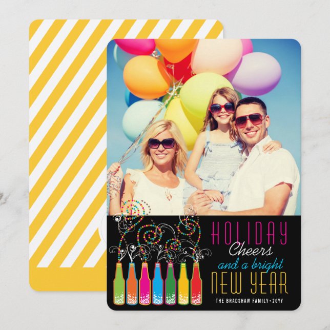 Colorful Bubbly Bottles Cheers Fun New Year Photo Holiday Card (Front/Back)