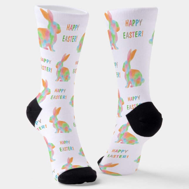 Colorful Bunnies Pattern With Happy Easter Text Socks (Angled)