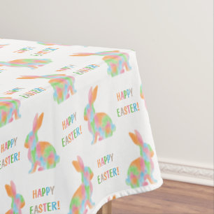 Colorful Bunnies Pattern With Happy Easter Text Tablecloth