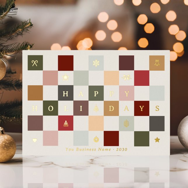 Colorful Business Happy Holidays Checkerboard  Foil Holiday Postcard (Creator Uploaded)