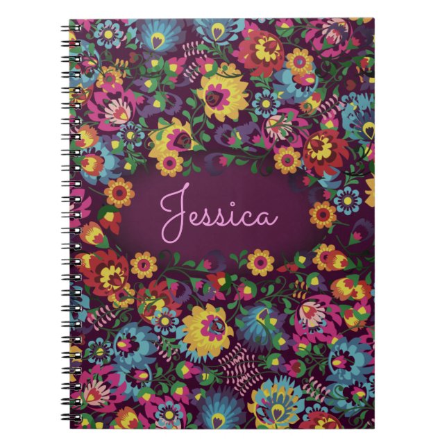Colorful Busy Floral Pattern Purple Personalised Notebook (Front)