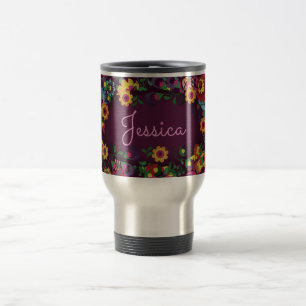 Colorful Busy Floral Pattern Purple Personalised Travel Mug