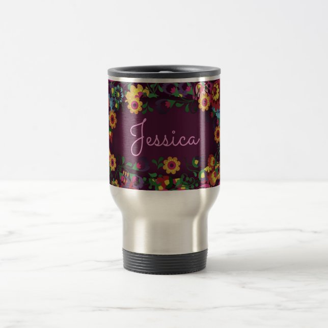 Colorful Busy Floral Pattern Purple Personalised Travel Mug (Center)