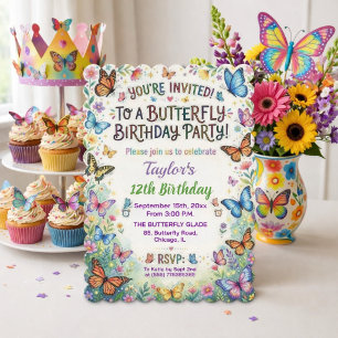 Colorful Butterflies 12th Birthday Party Invitation