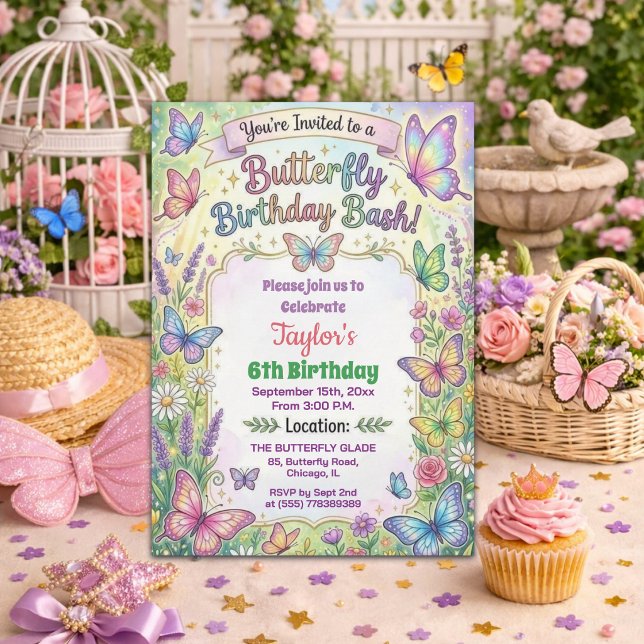 Colorful Butterflies 6th Birthday Bash Invitation (Creator Uploaded)