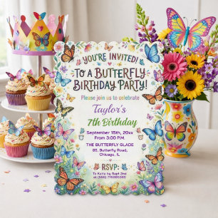 Colorful Butterflies 7th Birthday Party Invitation