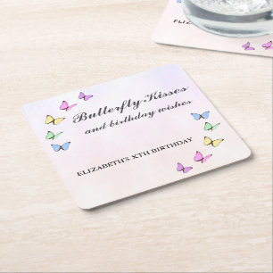 Colorful Butterflies Birthday Square Paper Coaster