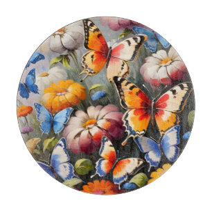 Colorful butterflies in garden cutting board