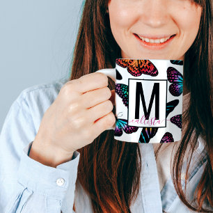 Colorful Butterflies Watercolor Pattern Monogram Coffee Mug