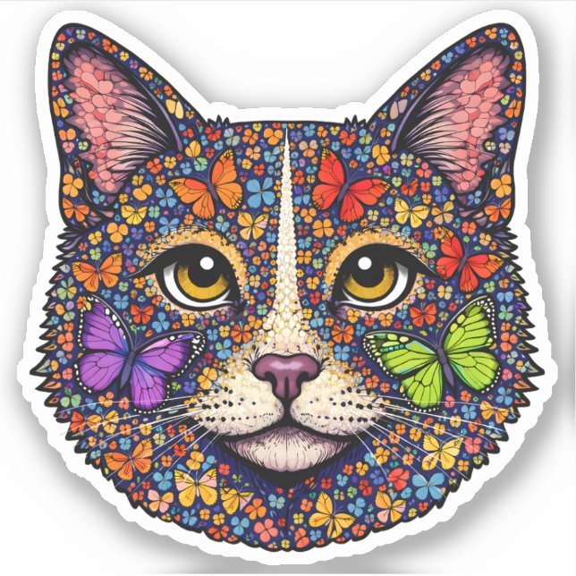 Colorful Butterfly Blooms Cat Portrait Kitty Lover (Front)