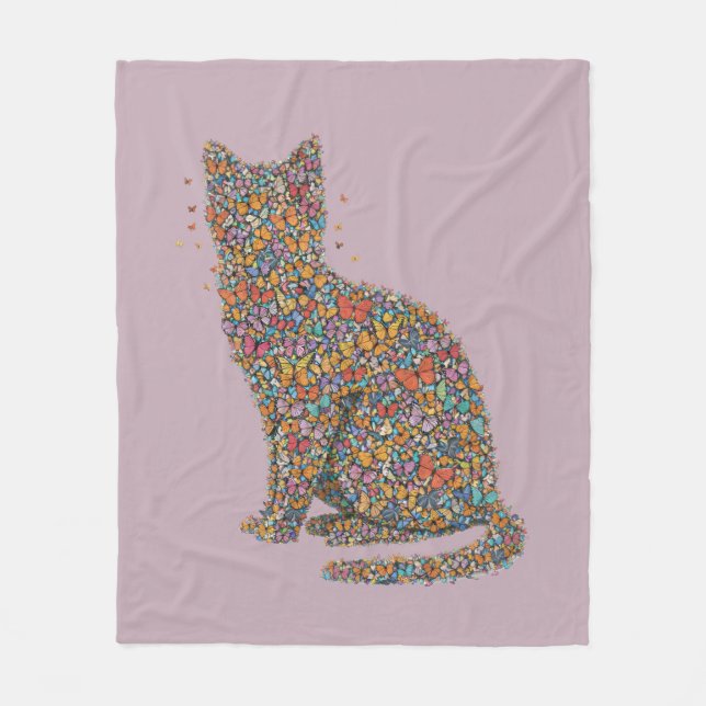 Colorful Butterfly Cat Lover Silhouette Art Mauve Fleece Blanket (Front)